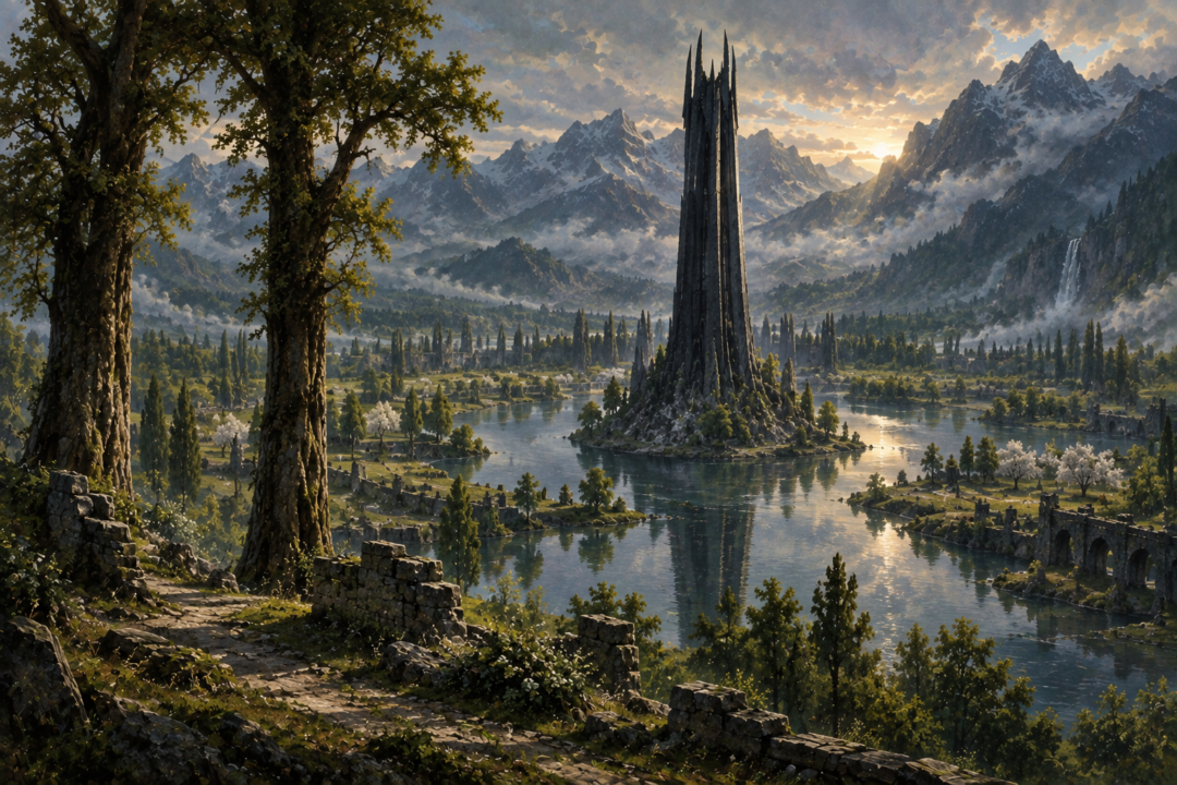 Orthanc rising above clear water and restored trees in the peaceful Treegarth of Orthanc after the War of the Ring