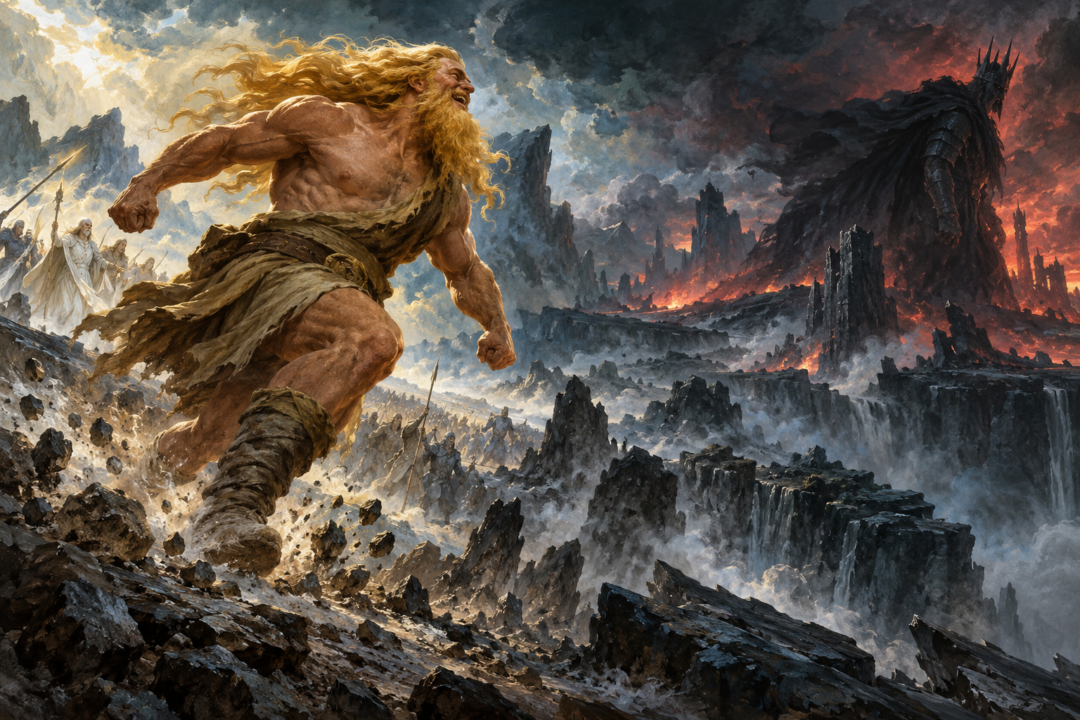 Tulkas racing into the first battles of Arda as Melkor withdraws before the champion of the Valar