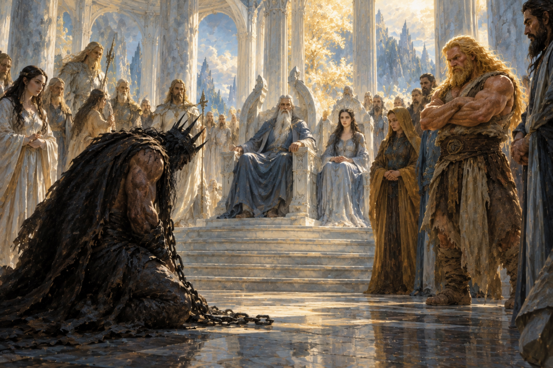 Tulkas watching Melkor with suspicion as the humbled prisoner stands before the council of the Valar