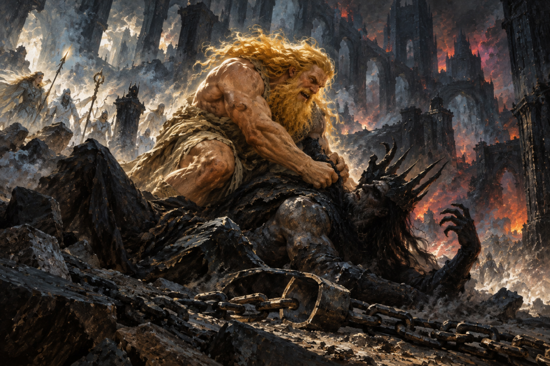 Tulkas wrestling Melkor beneath the ruined fortress of Utumno during the War of the Powers