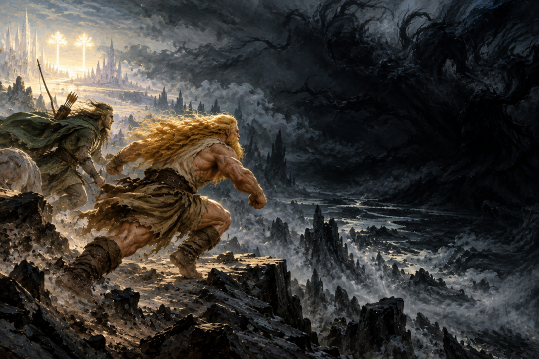 Tulkas and Oromë pursuing Melkor and Ungoliant into the impenetrable darkness after the Two Trees are destroyed