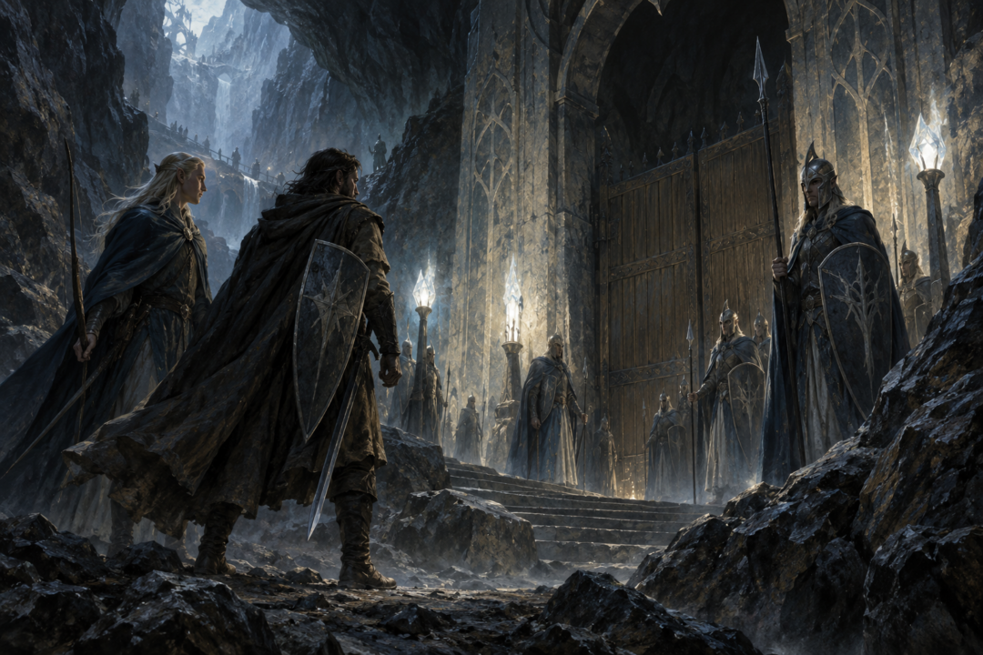 Tuor and Voronwë confronted by the Elven Outer Guard at the hidden entrance to Gondolin