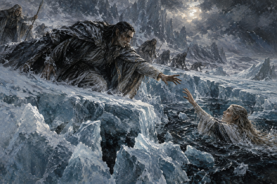 Turgon trying to save Elenwë amid the breaking ice of the Helcaraxë
