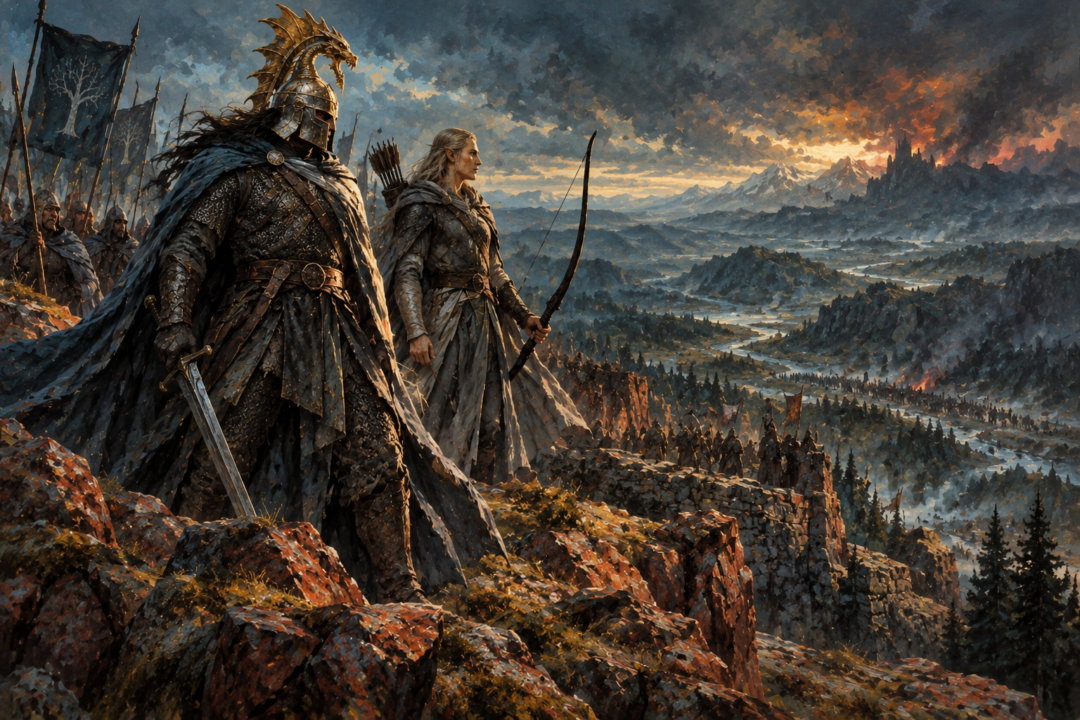 Túrin in the Dragon-helm and Beleg with his great bow overlooking Dor-Cúarthol from Amon Rûdh