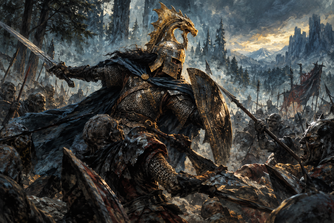 Túrin wearing the Dragon-helm of Dor-lómin while fighting Orcs in Beleriand