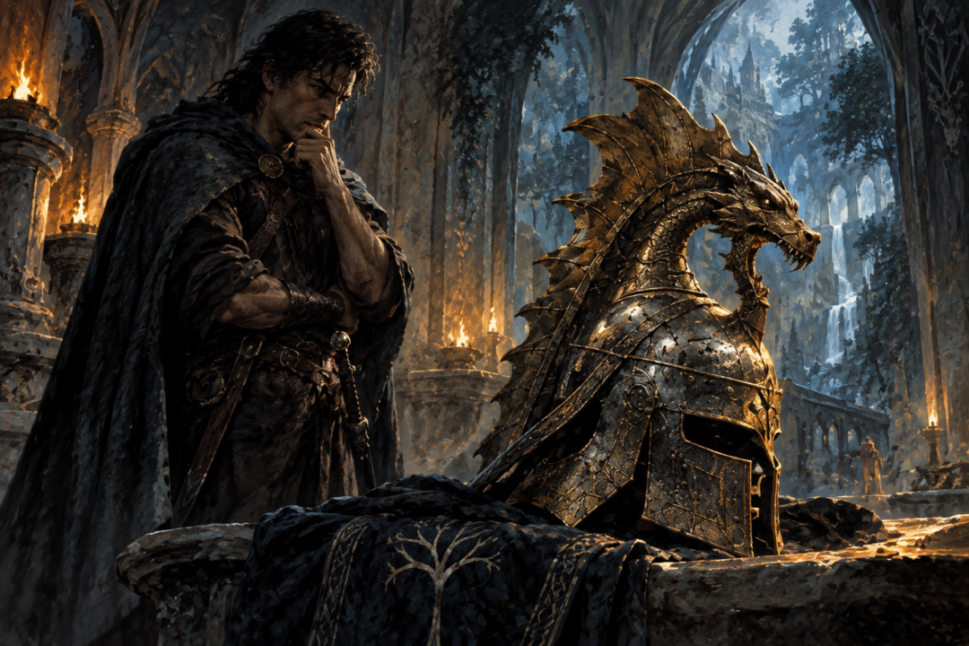 Túrin contemplating the ancient Dragon-helm of Dor-lómin in a stone chamber of Doriath