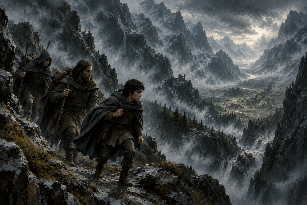 Young Túrin and his guides leaving occupied Dor-lómin through the mountains of Hithlum