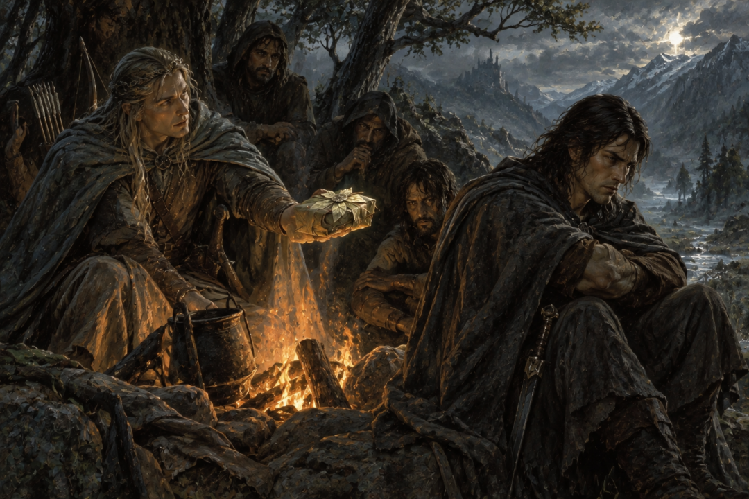 Túrin turns away as Beleg offers him Melian’s leaf-wrapped lembas beside a wilderness fire.