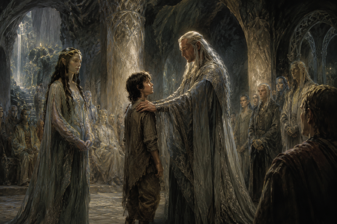 Young Túrin being welcomed into King Thingol’s household as a foster-son in the halls of Doriath.