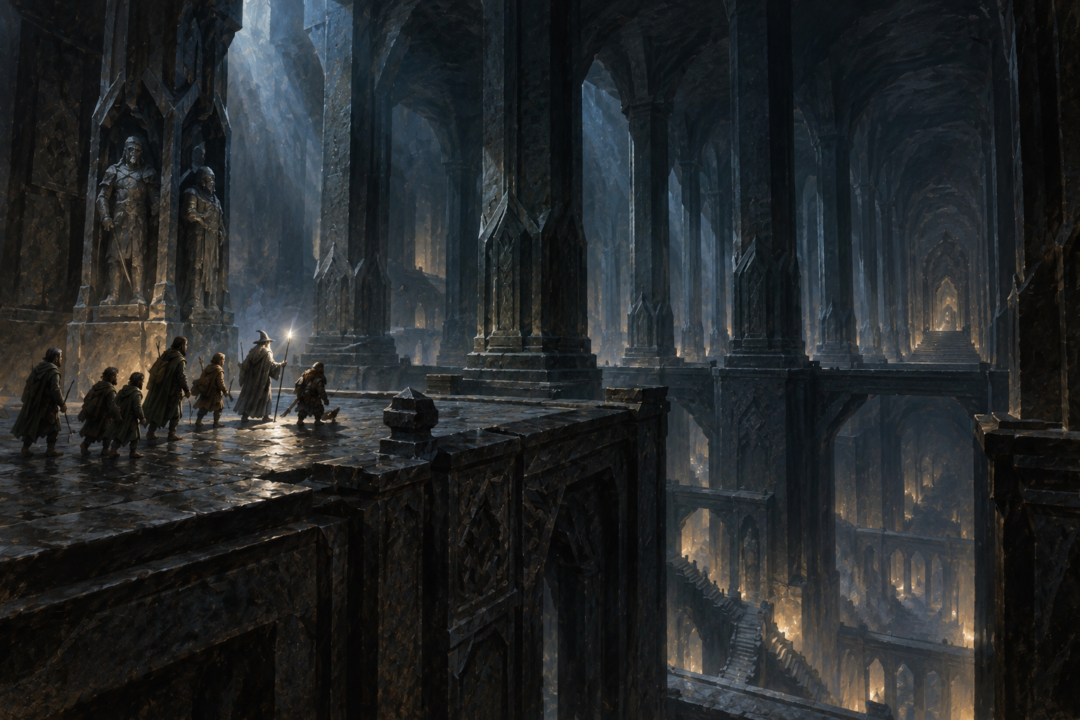 The Fellowship standing in the immense Twenty-first Hall on the Seventh Level of Moria.