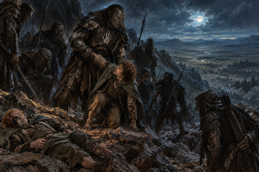 Uglúk forces an exhausted Pippin onto his feet during the Orc march from the Emyn Muil toward Rohan.