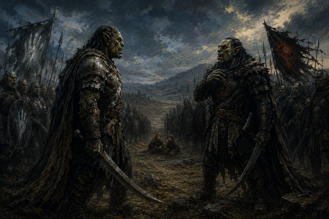 Uglúk of Isengard confronts Grishnákh of Mordor during the divided Orc march across Rohan.