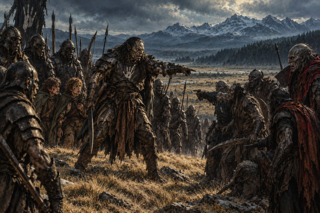 Uglúk commands the divided Orc war-band as Isengarders, Mordor Orcs and northern Orcs argue during the retreat.
