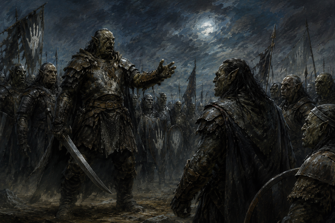 Uglúk asserts command before the Orcs of Isengard as hostile Mordor Orcs confront his authority.