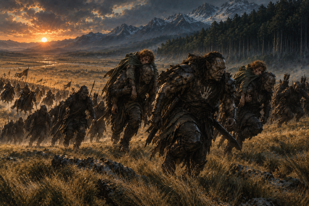 Uglúk's Orc company races toward Fangorn as mounted Rohirrim rapidly close on them across Rohan.