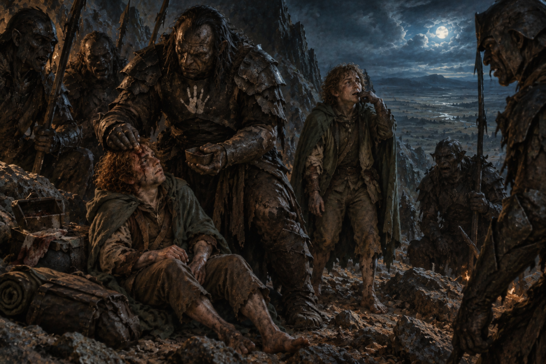 Uglúk treats Merry's wounded forehead with harsh Orc medicine while Pippin stands nearby.