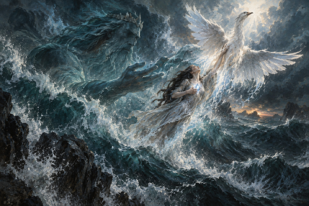 Ulmo bearing Elwing from the waves and giving her the likeness of a great white bird