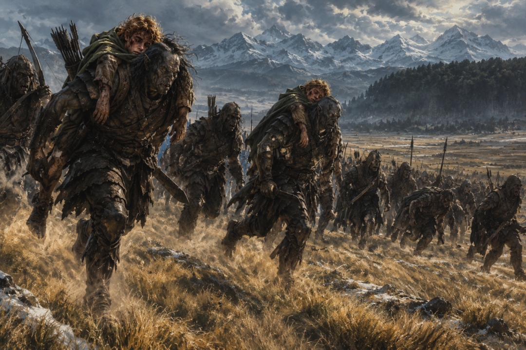 Isengard Uruk-hai carry Merry and Pippin while racing across the plains of Rohan toward Fangorn.