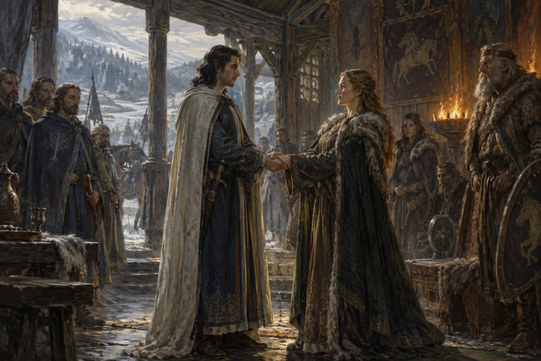 Valacar of Gondor and Vidumavi of the Northmen meeting in Rhovanion before the marriage that preceded the Kin-strife.
