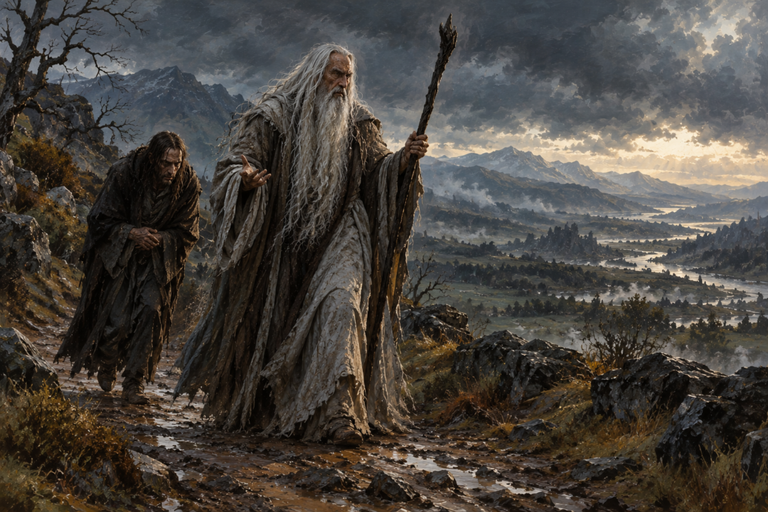 Saruman speaking from Orthanc to Gandalf, Théoden, and their companions as he attempts to influence them with his voice.