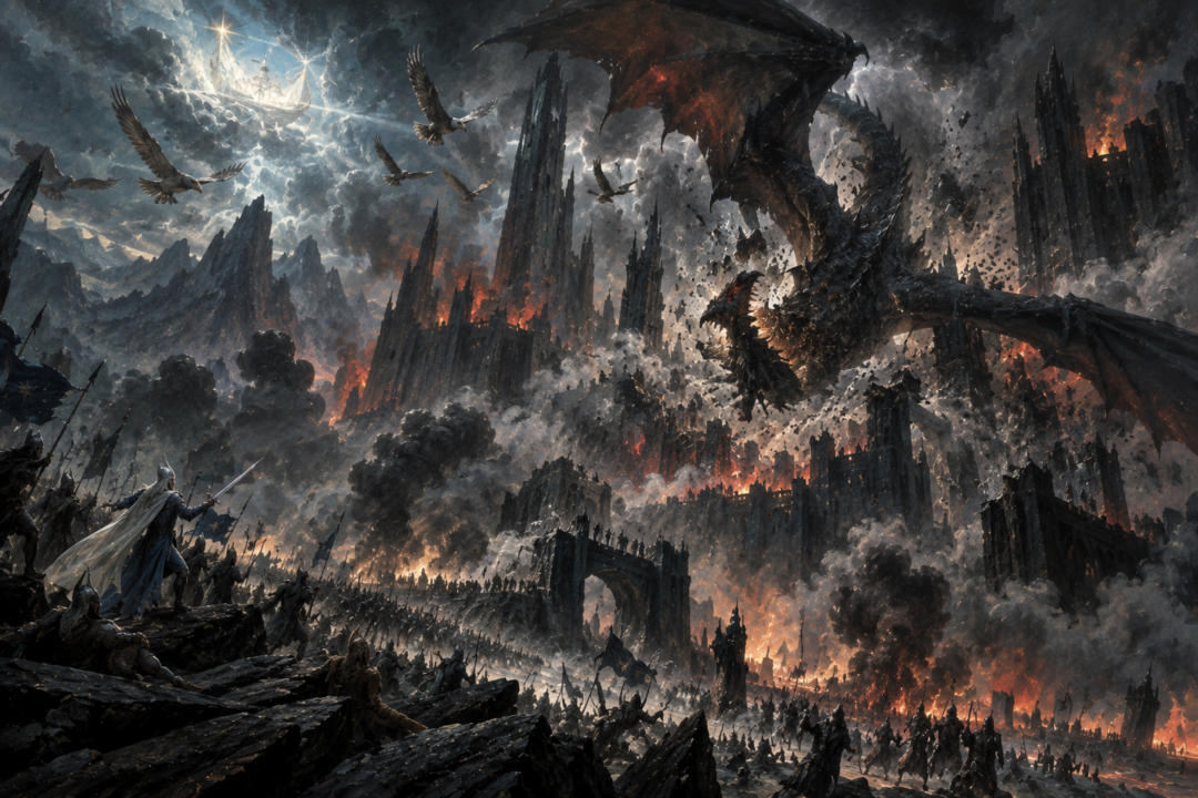 Ancalagon falls upon Thangorodrim during the catastrophic final battle of the War of Wrath