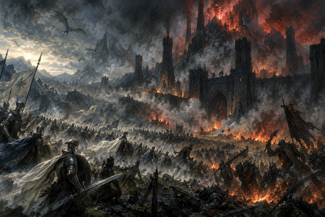 The Host of the West battling Morgoth's forces before the shattered defenses of Angband during the War of Wrath