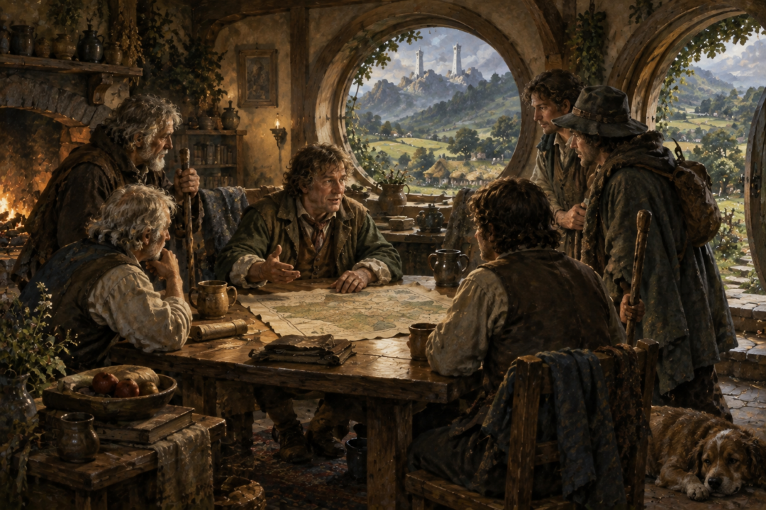 Fastred meeting with Westmarch Hobbits inside a modest dwelling at Undertowers