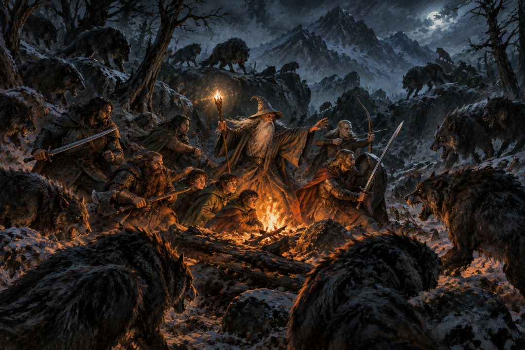 Wargs surround the Fellowship during their nighttime attack in the wilderness west of Moria.