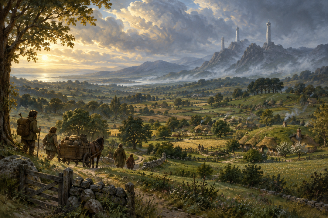 The newly settled Westmarch of the Shire stretching from the Far Downs toward the Tower Hills in the Fourth Age