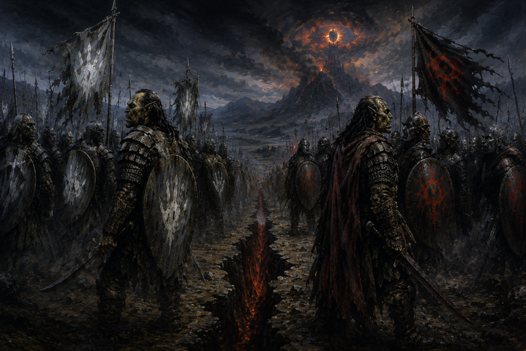 Rival Orc forces symbolize the division between Saruman's White Hand of Isengard and the power of Mordor.