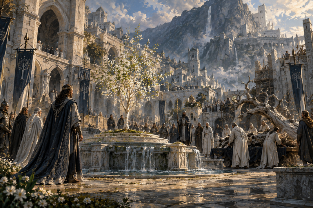 The young White Tree growing in the Court of the Fountain at Minas Tirith at the beginning of King Elessar's reign.