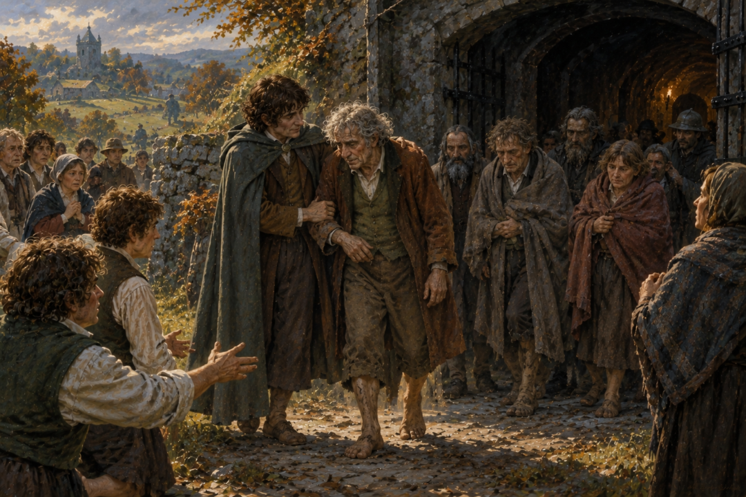 Weakened Mayor Will Whitfoot emerging from the Lockholes after the liberation of the Shire