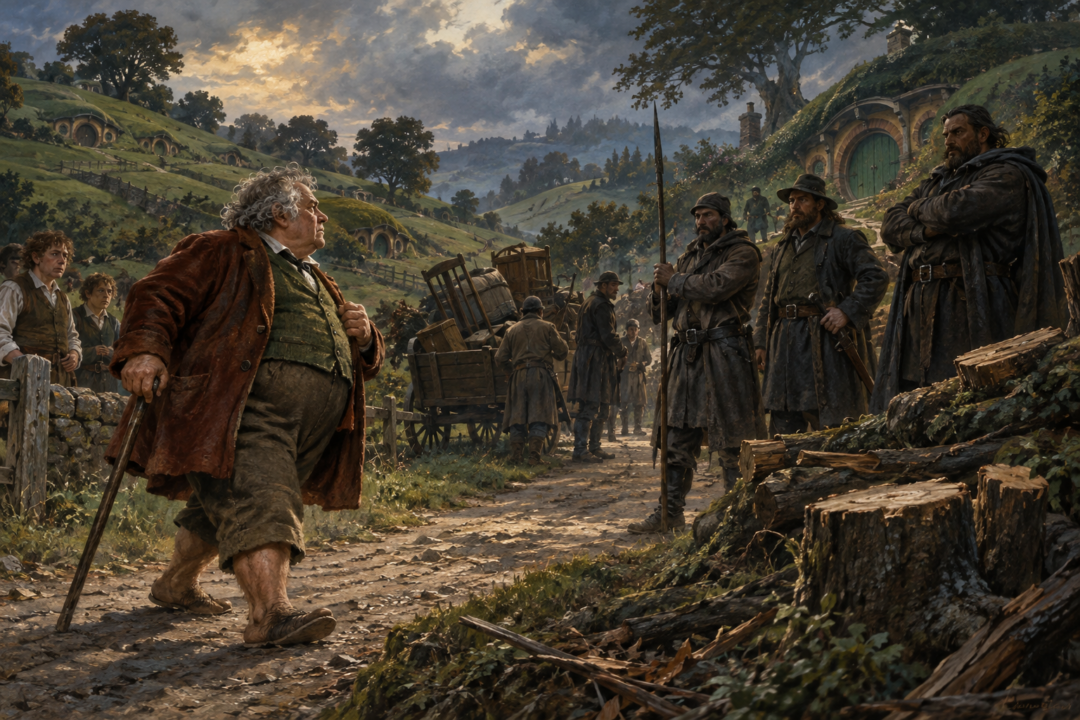 Mayor Will Whitfoot walking through the Shire to protest Lotho Sackville-Baggins before his arrest