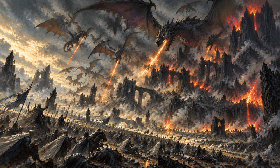 Winged dragons rising from Angband to attack the advancing Host of Valinor
