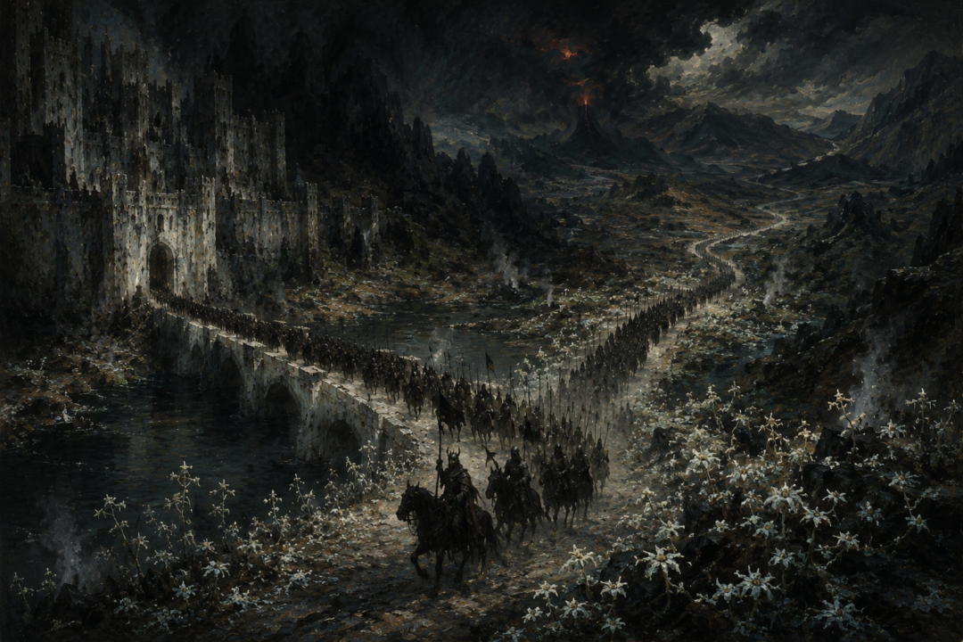 The Witch-king leads cavalry down the Morgul-road while endless ranks continue leaving Minas Morgul behind him.