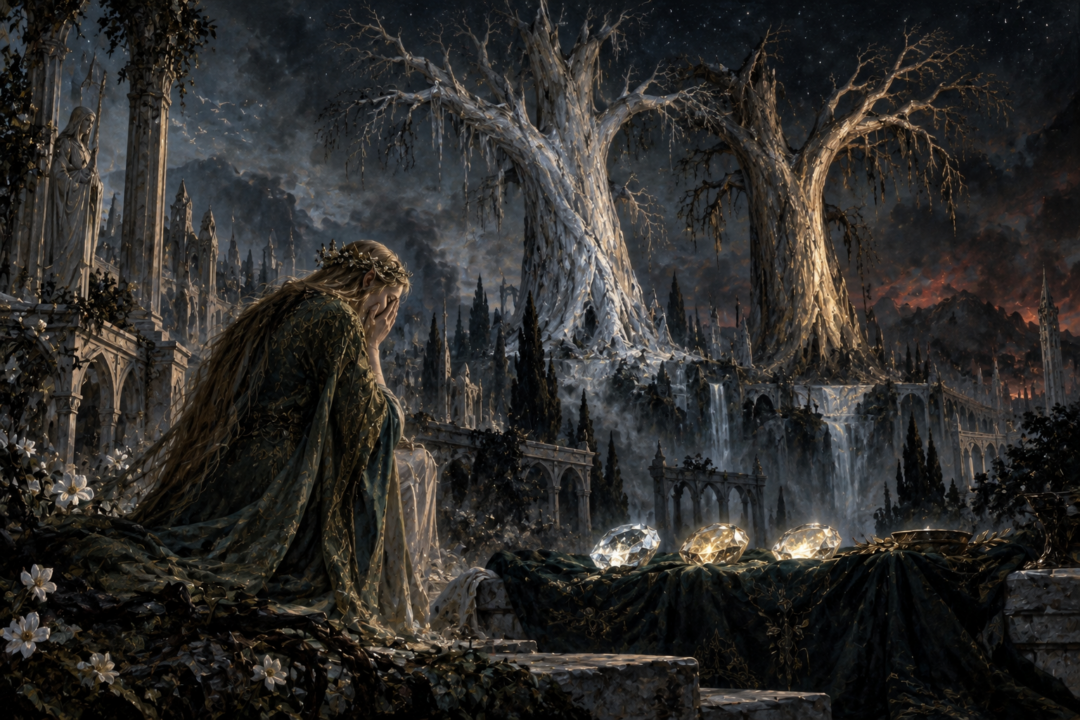 Yavanna grieving before the dead Two Trees of Valinor as their unmarred light survives within the Silmarils.