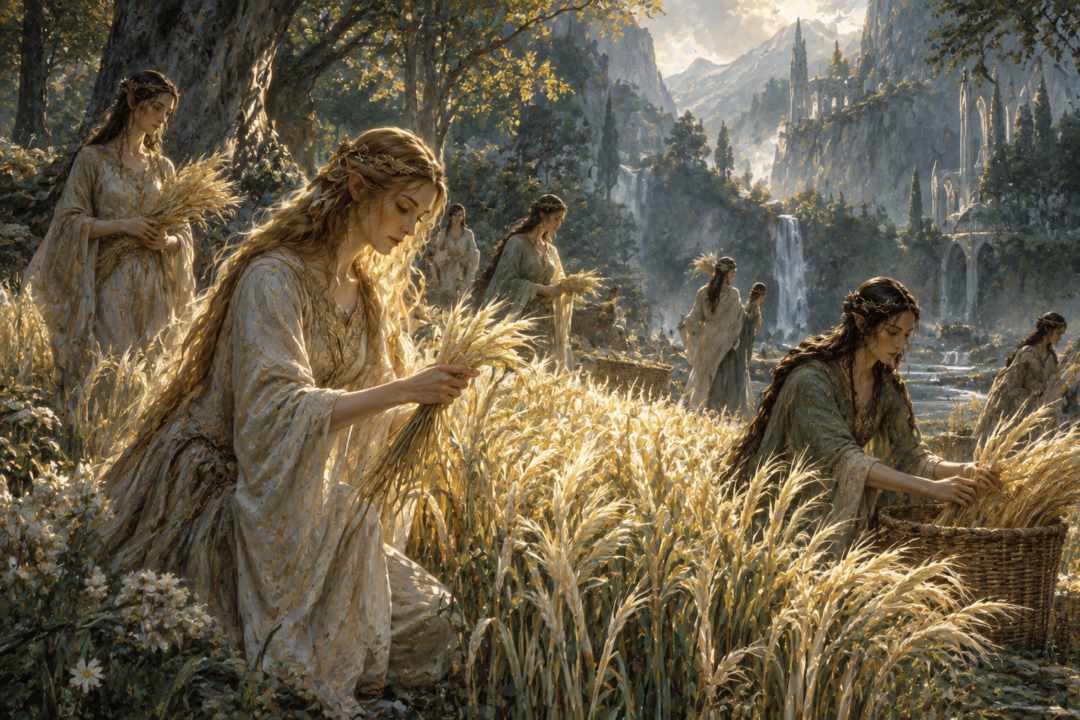 Yavannildi gather the special golden grain for lembas by hand in a guarded Elven glade.