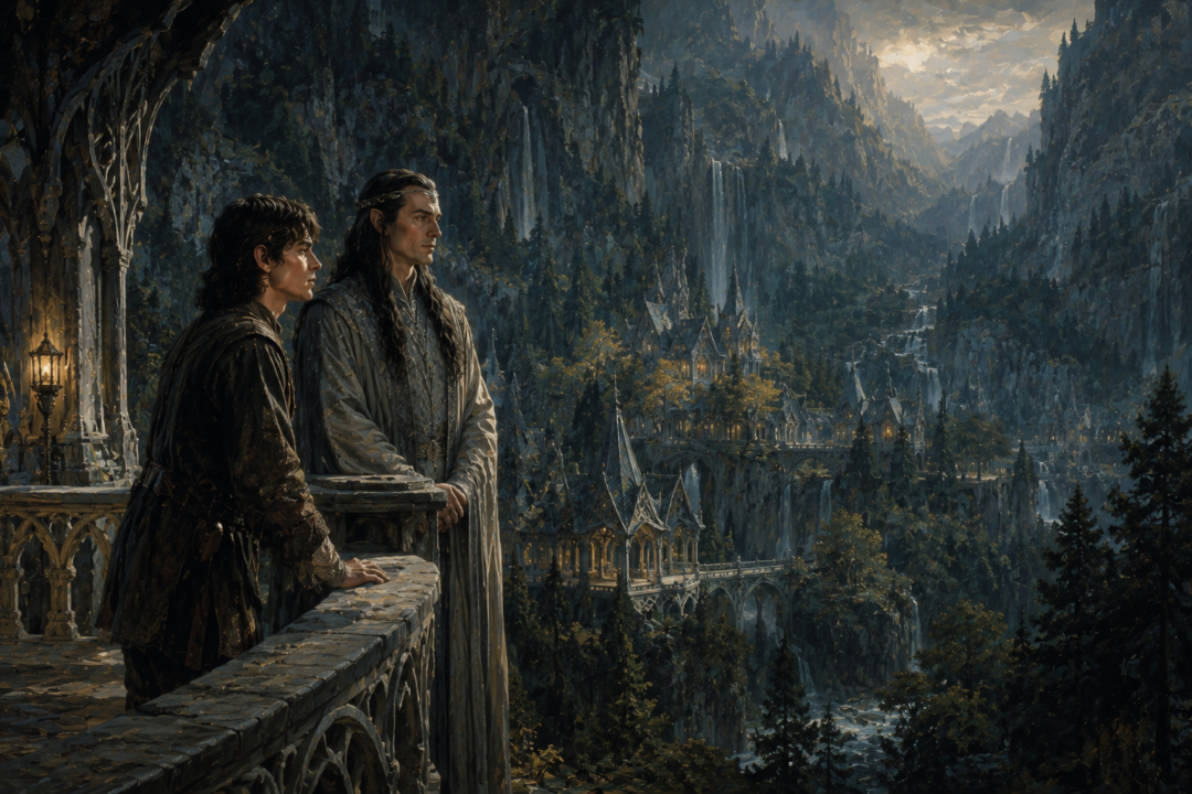 Young Aragorn as Estel standing beside his foster-father Elrond in the hidden valley of Rivendell.