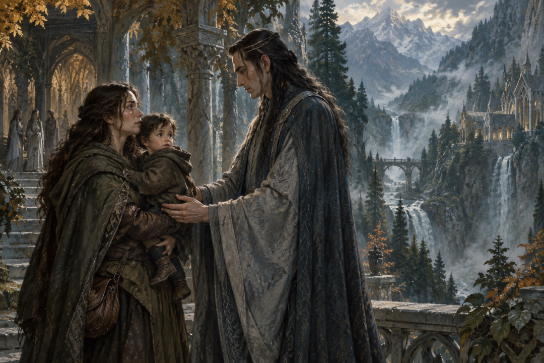 Gilraen brings the young Aragorn to Elrond in Rivendell after the death of Arathorn.