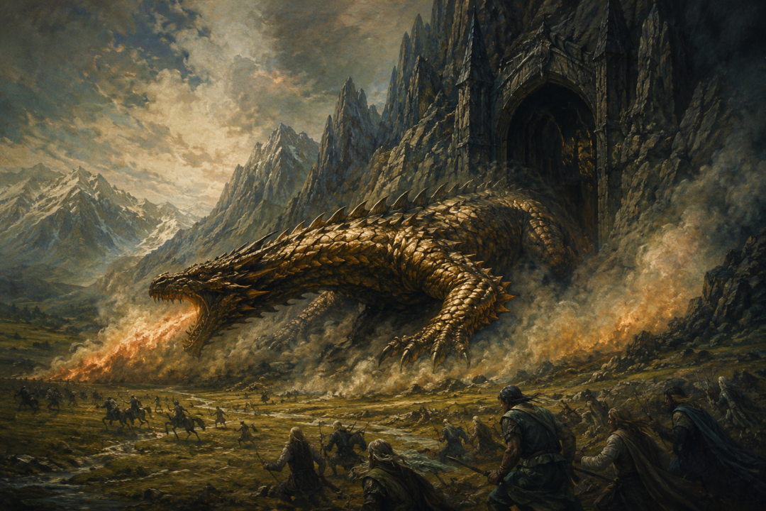 Young half-grown Glaurung emerging from Angband onto the green fields of Ard-galen in the First Age.