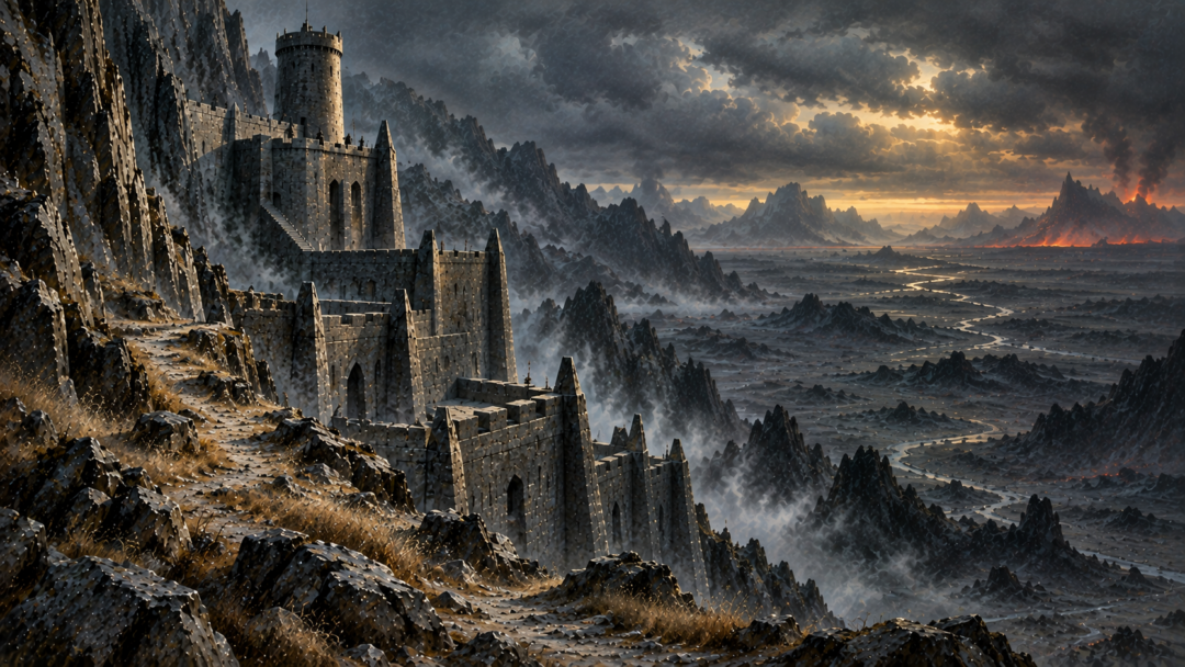 The deserted Tower of Cirith Ungol standing against the Mountains of Shadow after the decline of Gondor's watch.