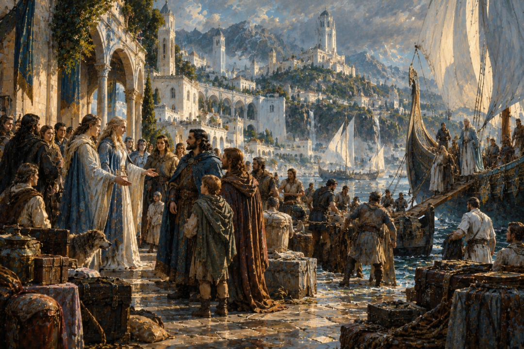 Númenóreans speaking their native Mannish language in a harbor community alongside Elvish visitors