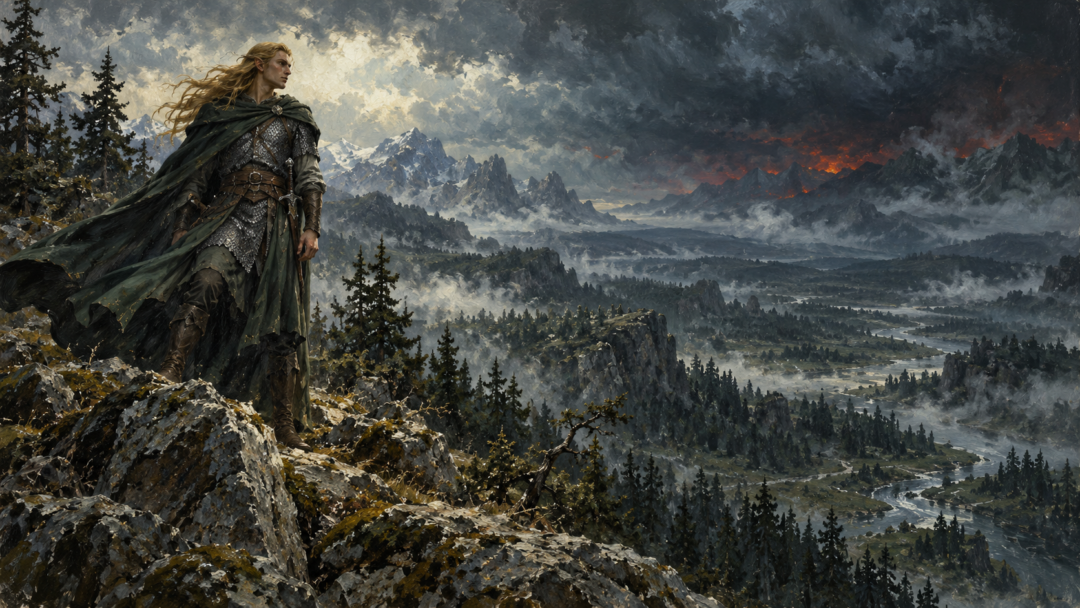 Golden-haired Aegnor standing alone on a windswept ridge in Dorthonion, overlooking distant northern hills beneath gathering storm clouds.