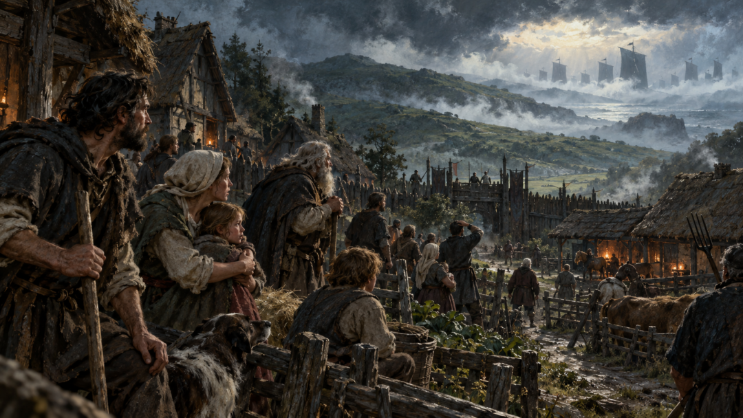 The people of Agar react with fear as the sails of the Go-hilleg appear beyond their coastal hills.