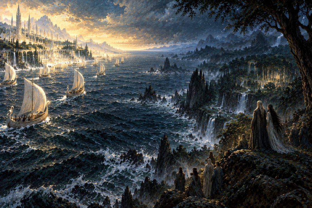 The sea separates the Teleri of Alqualondë in Aman from Thingol and Melian's realm in Beleriand.