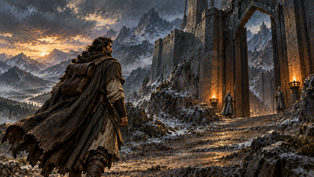 Original imagined illustration of Amlach approaching a northern gateway to enter Elven service; no personal audience is depicted.