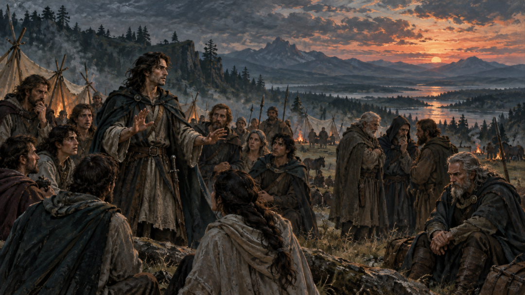 The real Amlach disputes the words attributed to him while Bereg and other Men react to the deception at Estolad.