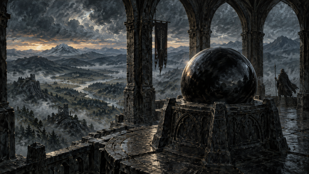 The great black palantír inside the tower of Amon Sûl overlooking the disputed Weather Hills of divided Arnor.
