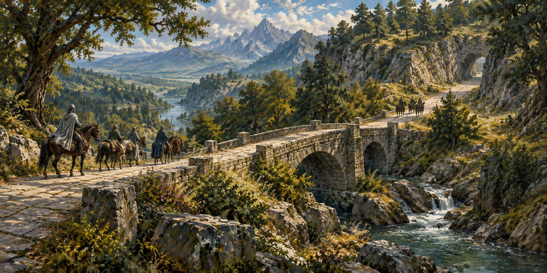 Ancient Gondorian road crossing a stone bridge through the green hills of Ithilien during an earlier age of the kingdom.