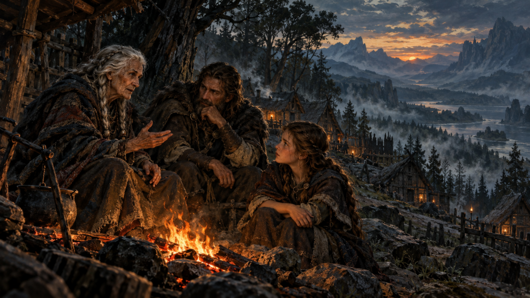 Three generations of mortal humans gathered near a fire in a woodland settlement, evoking Andreth's account of inherited mortality.